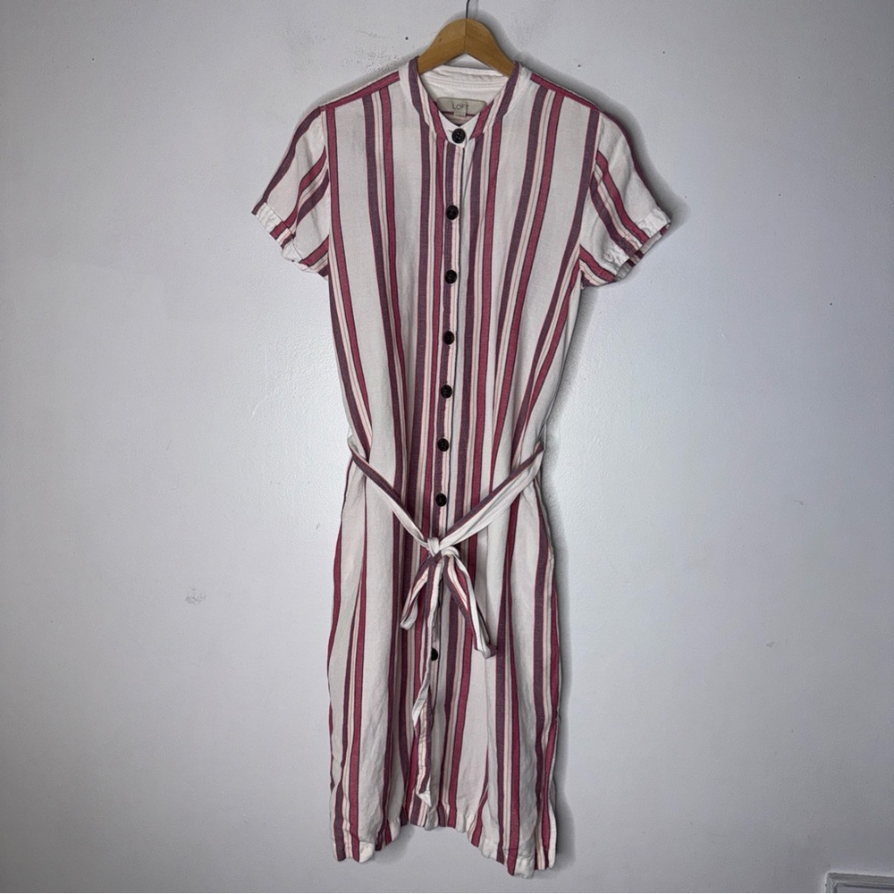 LOFT linen shift dress button down tie‎ belt striped white pink blue pockets 4